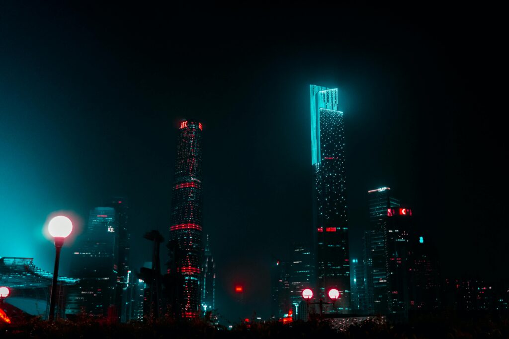 Stunning night view of Guangzhou's skyline with brightly lit skyscrapers creating a mesmerizing urban landscape.